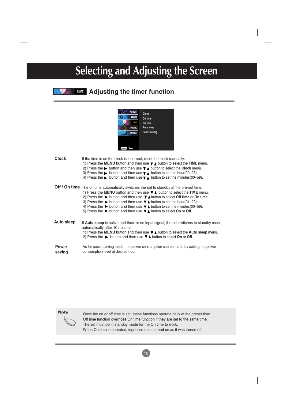 Adjusting the timer function, Selecting and adjusting the screen | LG M5201C-BA User Manual | Page 19 / 50
