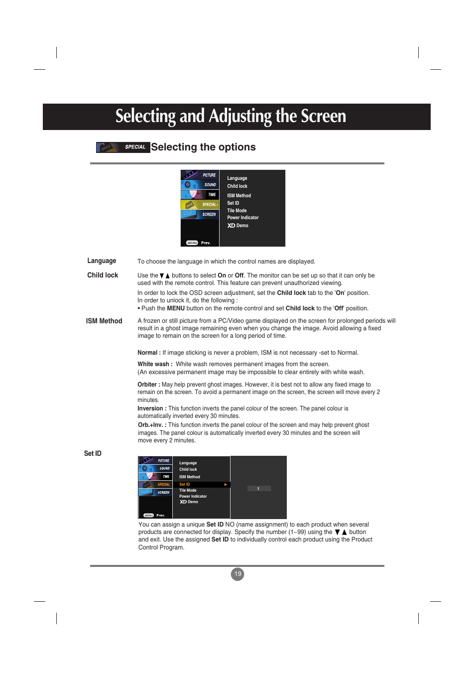 Selecting the options, Selecting and adjusting the screen | LG M5201C-BA User Manual | Page 20 / 50