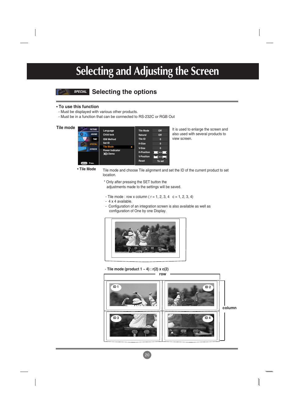 Selecting and adjusting the screen, Selecting the options | LG M5201C-BA User Manual | Page 21 / 50