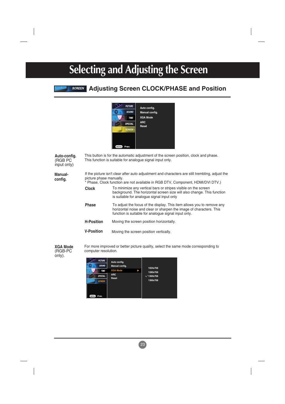 Adjusting screen clock/phase and position, Selecting and adjusting the screen | LG M5201C-BA User Manual | Page 24 / 50