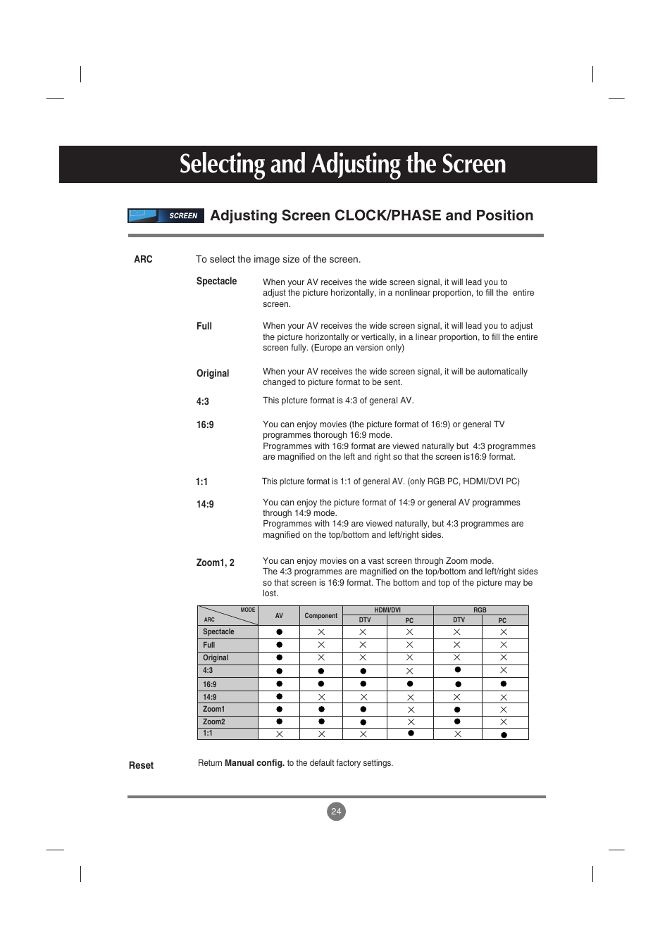 Selecting and adjusting the screen, Adjusting screen clock/phase and position | LG M5201C-BA User Manual | Page 25 / 50