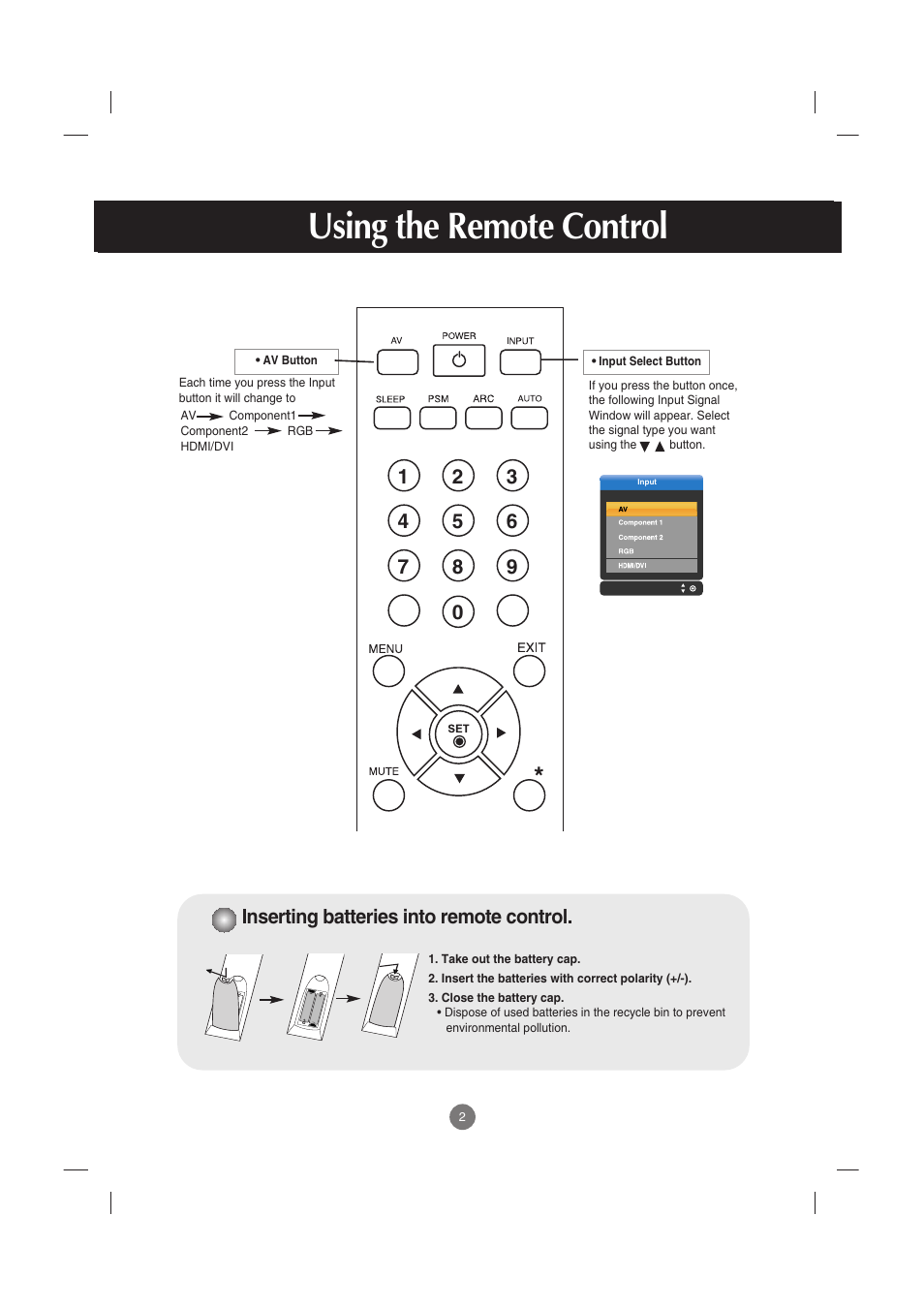 Inserting batteries into remote control, Using the remote control | LG M5201C-BA User Manual | Page 3 / 50