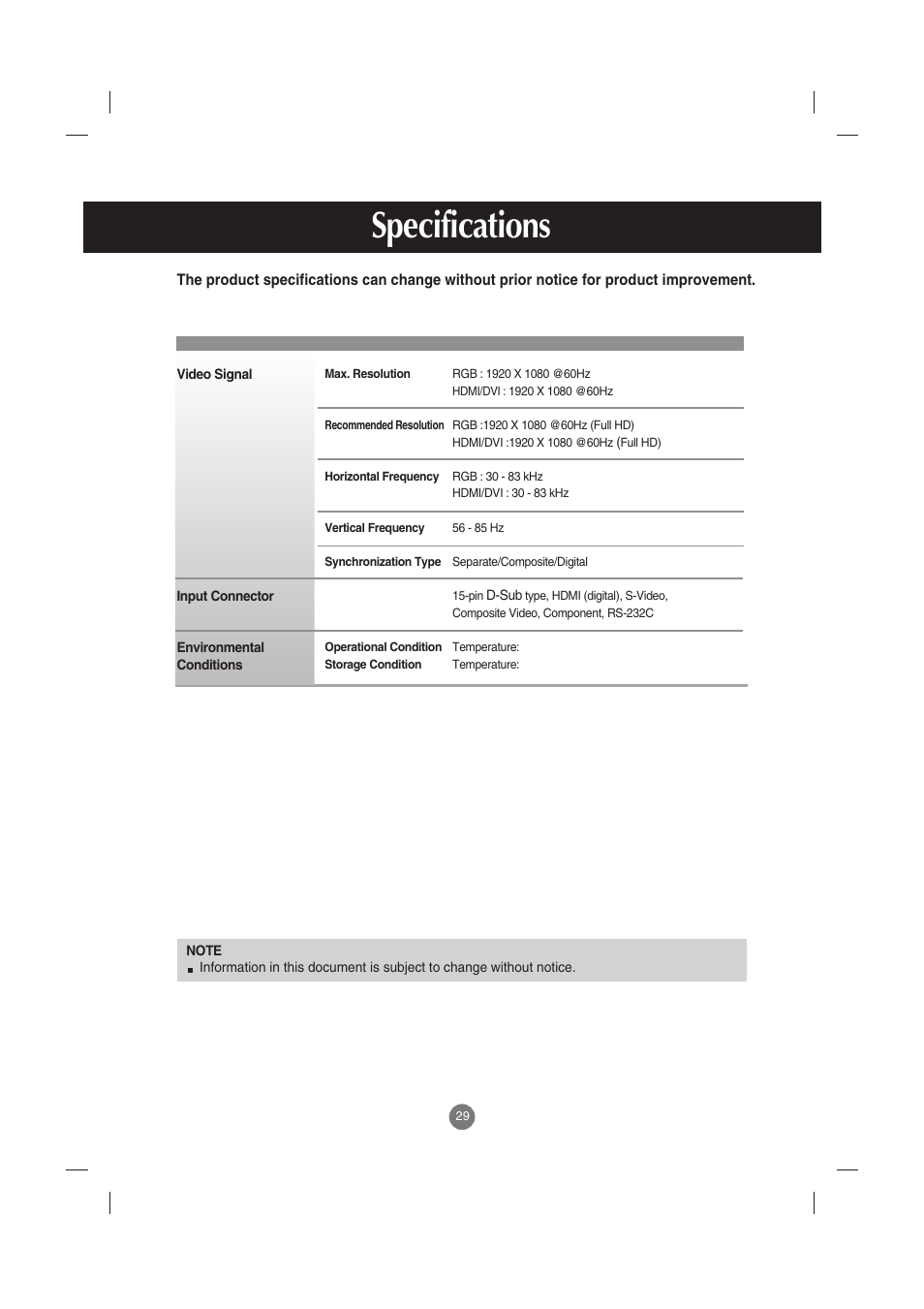 Specifications | LG M5201C-BA User Manual | Page 30 / 50