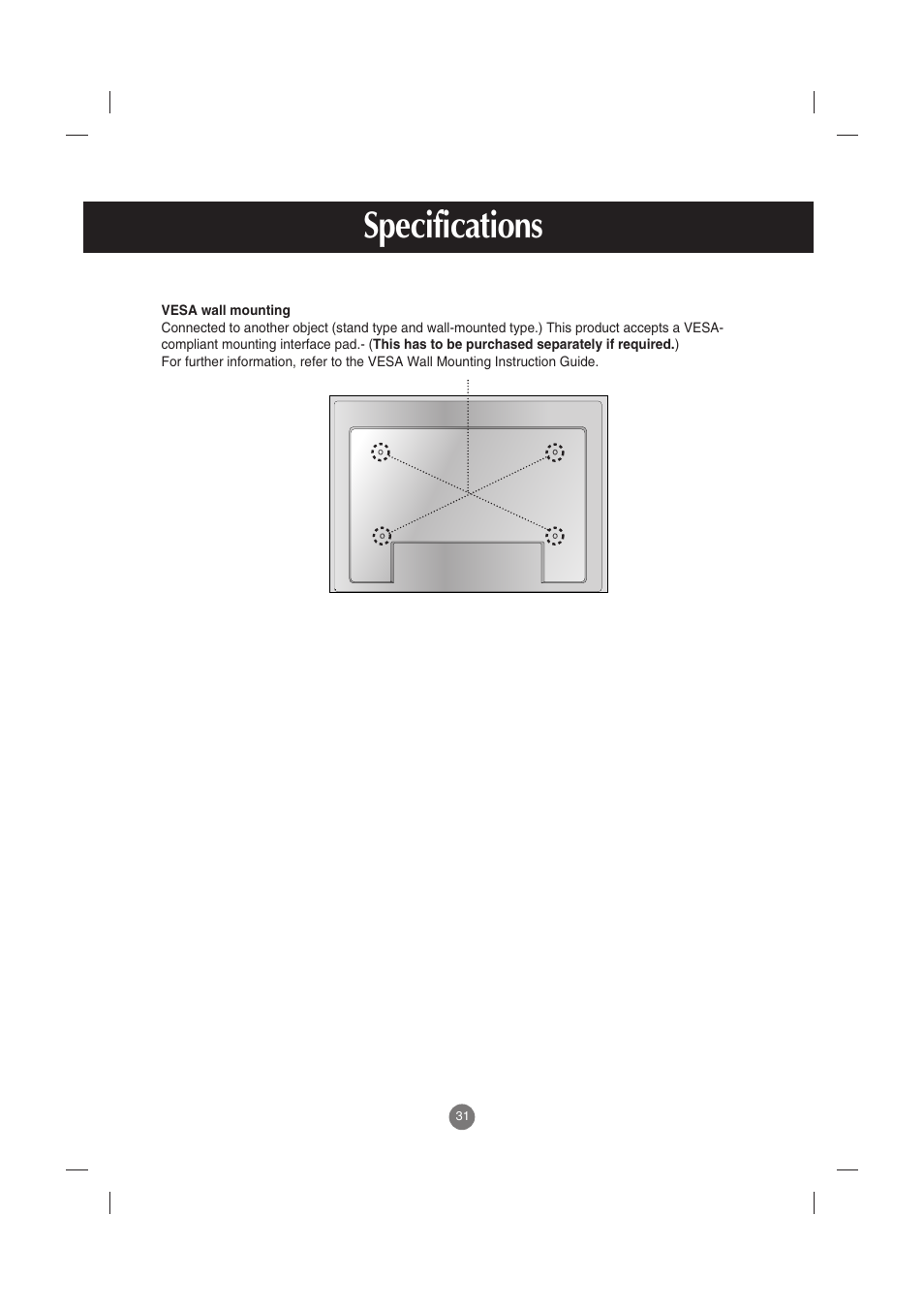 Vesa wall mounting, Specifications | LG M5201C-BA User Manual | Page 32 / 50
