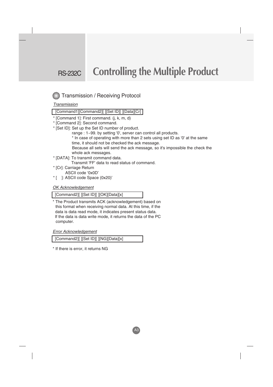 Controlling the multiple product, Rs-232c, Transmission / receiving protocol | LG M5201C-BA User Manual | Page 35 / 50