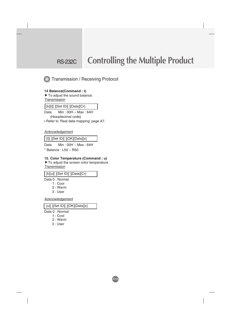 Controlling the multiple product, Rs-232c, Transmission / receiving protocol | LG M5201C-BA User Manual | Page 42 / 50