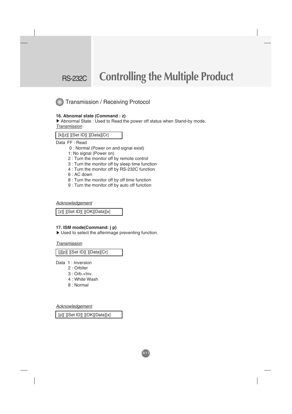 Controlling the multiple product, Rs-232c, Transmission / receiving protocol | LG M5201C-BA User Manual | Page 43 / 50
