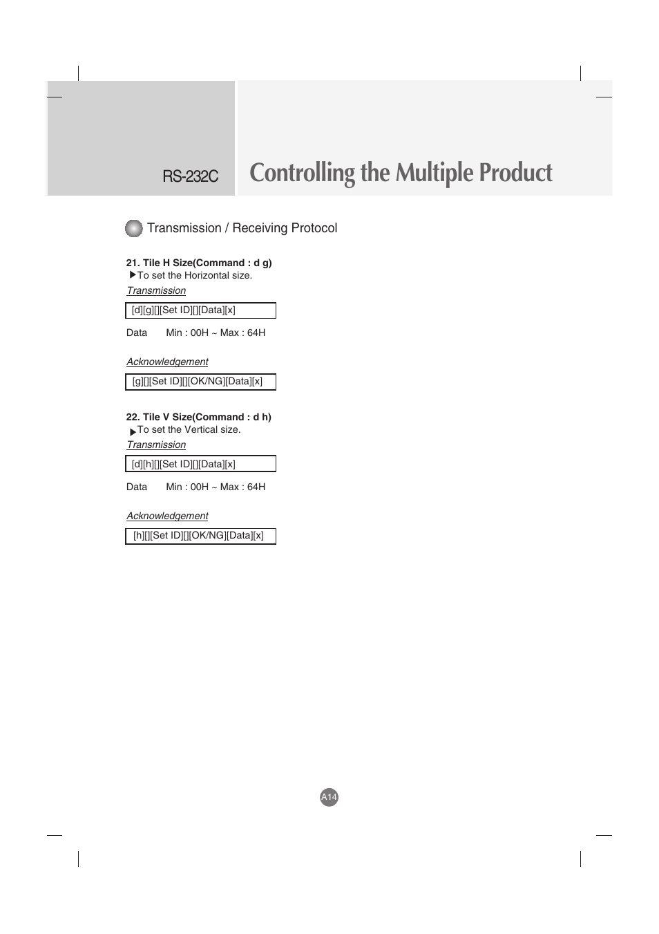 Controlling the multiple product, Rs-232c, Transmission / receiving protocol | LG M5201C-BA User Manual | Page 46 / 50