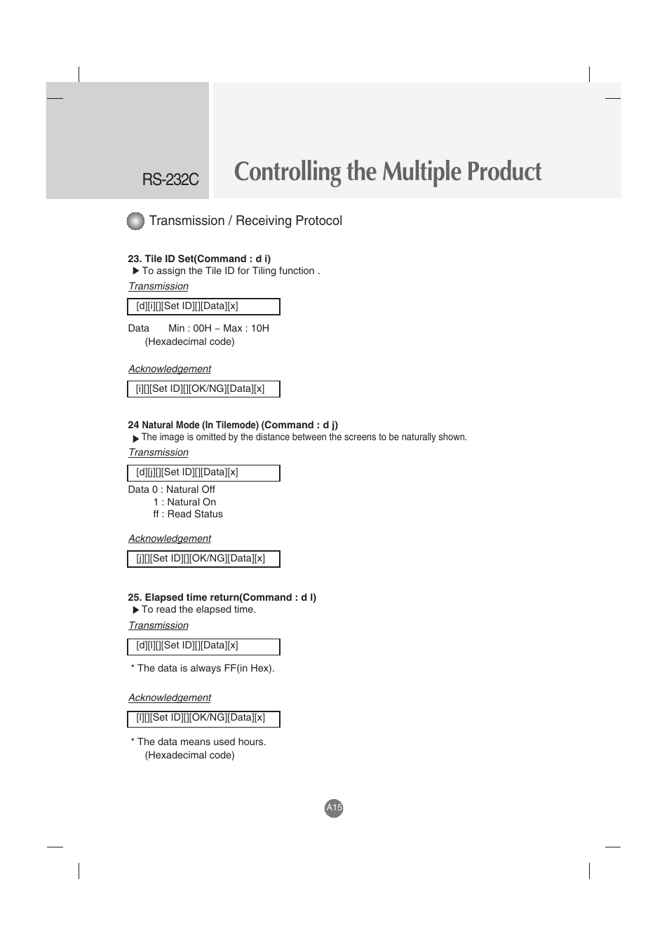 Controlling the multiple product, Rs-232c, Transmission / receiving protocol | LG M5201C-BA User Manual | Page 47 / 50