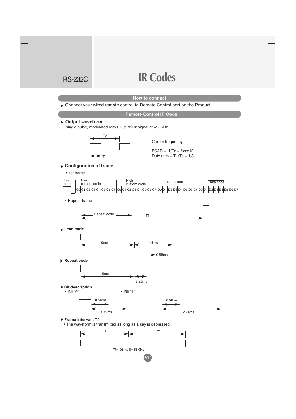 Ir codes, Rs-232c | LG M5201C-BA User Manual | Page 49 / 50