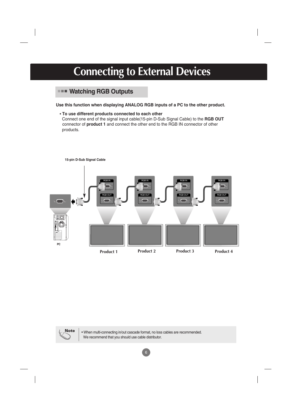 Watching rgb outputs, Connecting to external devices | LG M5201C-BA User Manual | Page 7 / 50