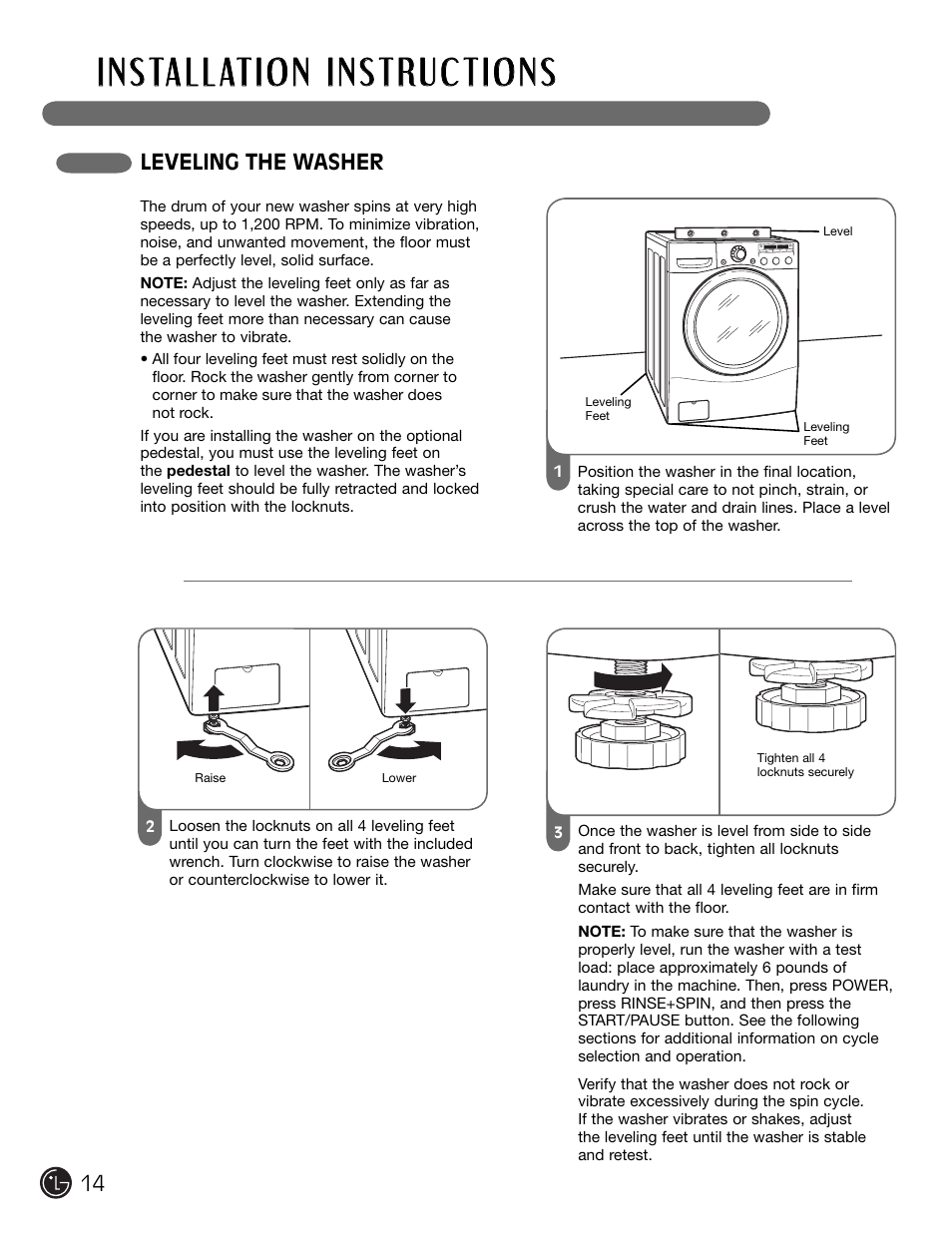 Leveling the washer | LG WM2301HR User Manual | Page 14 / 108