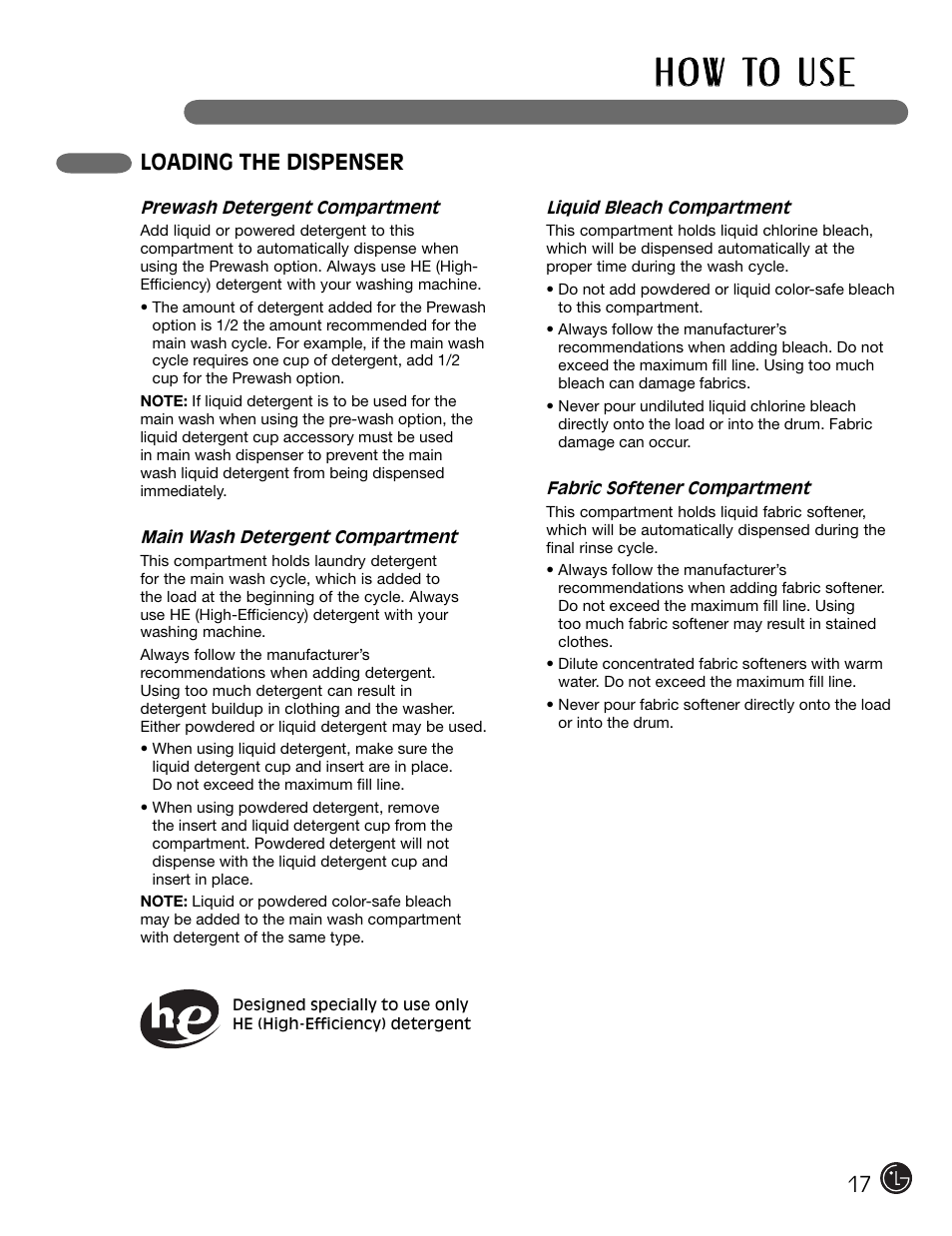 H o w to u s e, Loading the dispenser | LG WM2301HR User Manual | Page 17 / 108