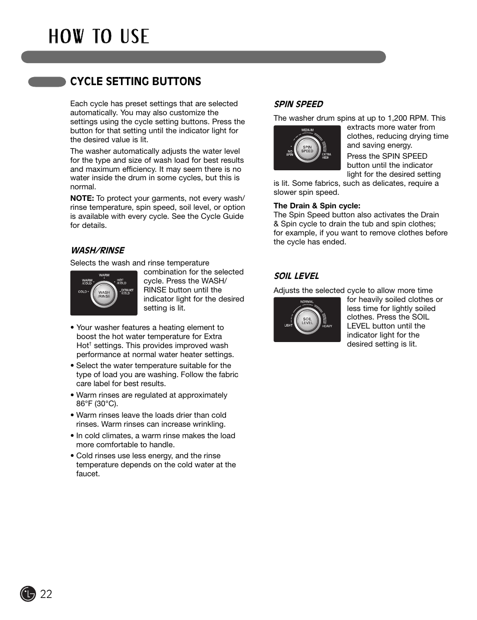 H o w to u s e, Cycle setting buttons | LG WM2301HR User Manual | Page 22 / 108