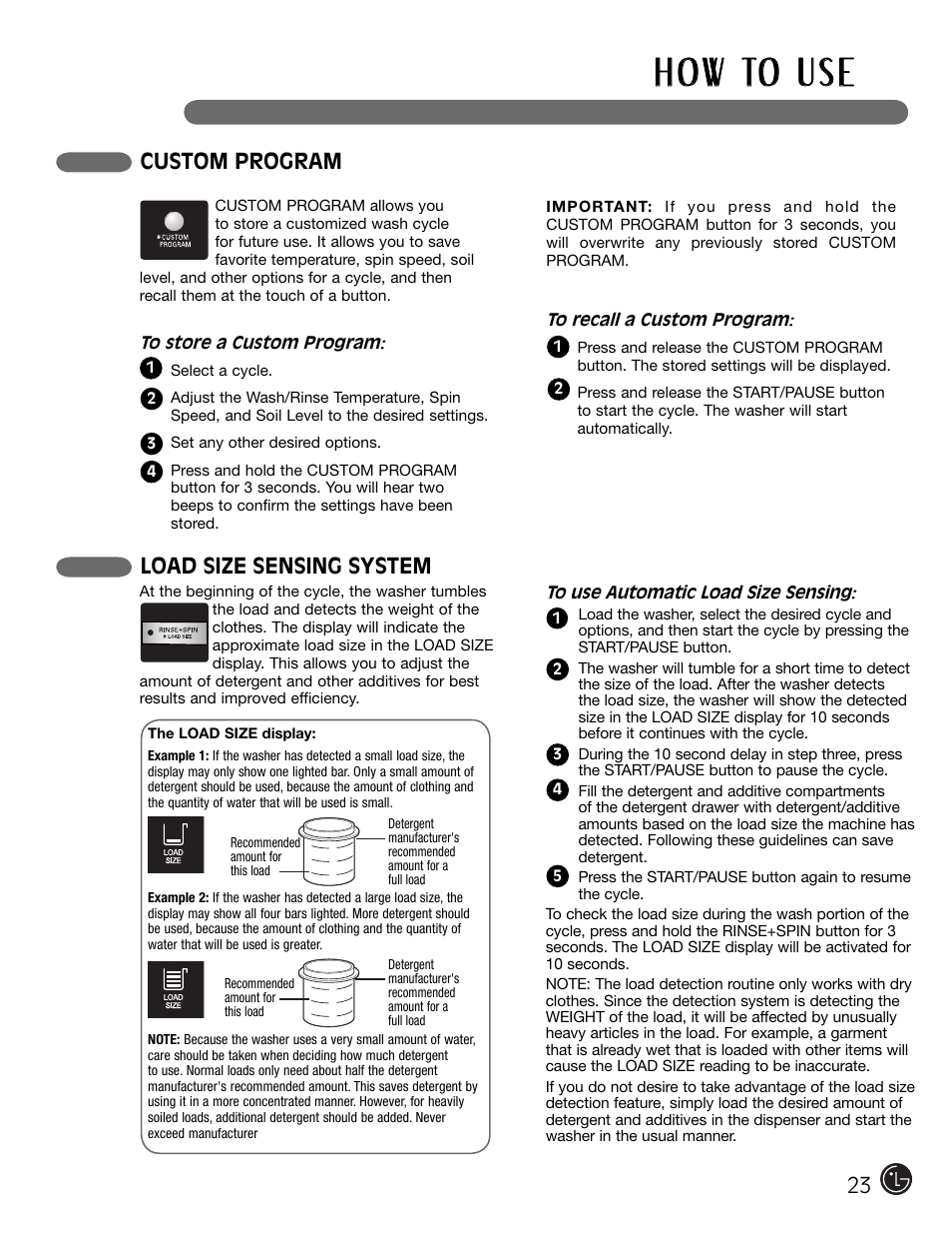 H o w to u s e, Custom program, Load size sensing system | LG WM2301HR User Manual | Page 23 / 108