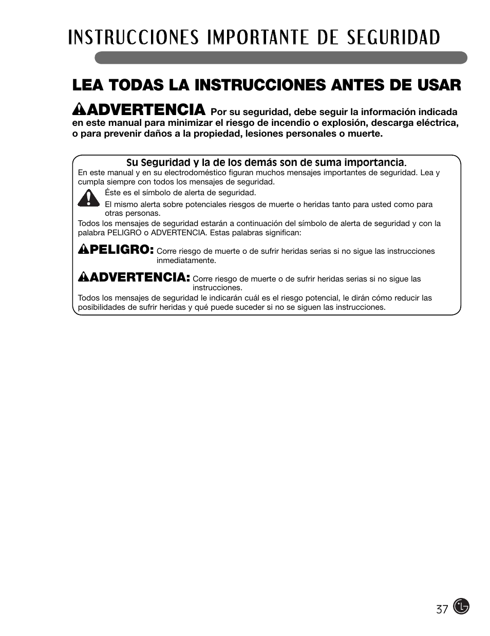 W advertencia, Lea todas la instrucciones antes de usar | LG WM2301HR User Manual | Page 37 / 108