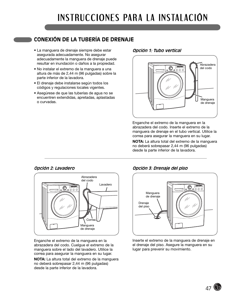 Conexión de la tubería de drenaje | LG WM2301HR User Manual | Page 47 / 108