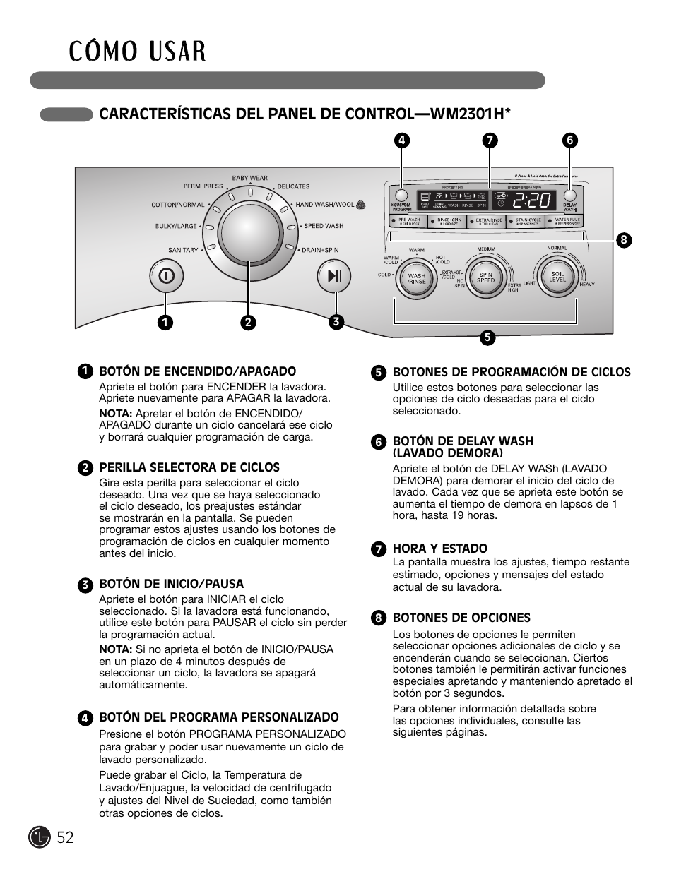 Características del panel de control—wm2301h | LG WM2301HR User Manual | Page 52 / 108