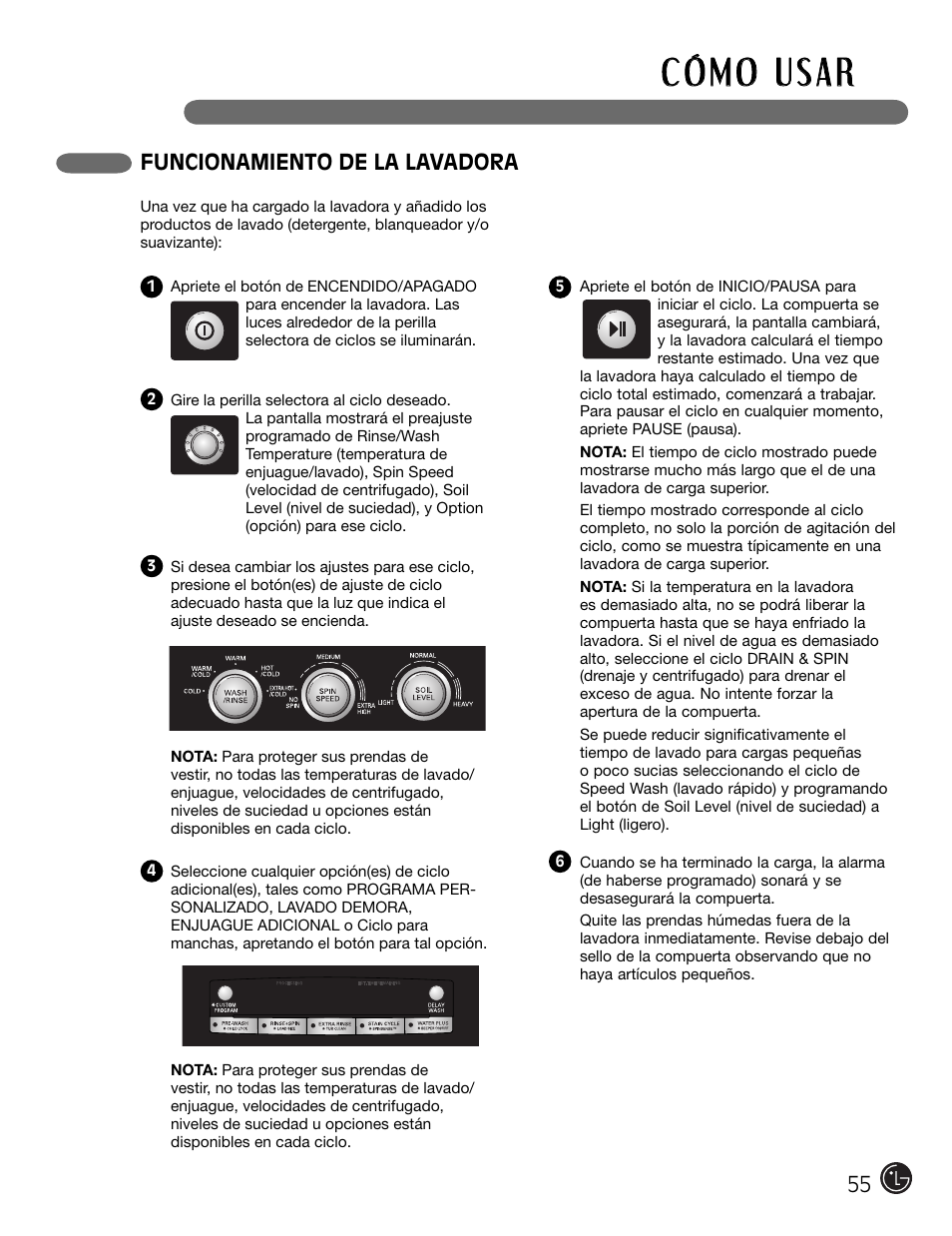 Funcionamiento de la lavadora | LG WM2301HR User Manual | Page 55 / 108