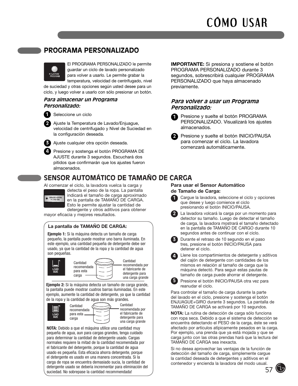 Programa personalizado, Sensor automático de tamaño de carga | LG WM2301HR User Manual | Page 57 / 108