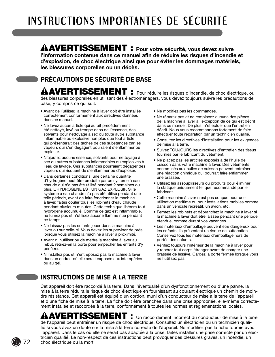 W avertissement, Instructions de mise à la terre, Précautions de sécurité de base | LG WM2301HR User Manual | Page 72 / 108
