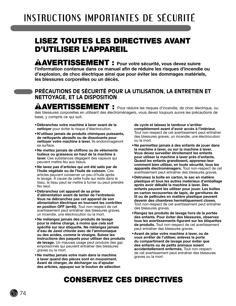W avertissement | LG WM2301HR User Manual | Page 74 / 108