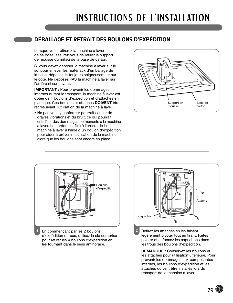 Déballage et retrait des boulons d’expédition | LG WM2301HR User Manual | Page 79 / 108