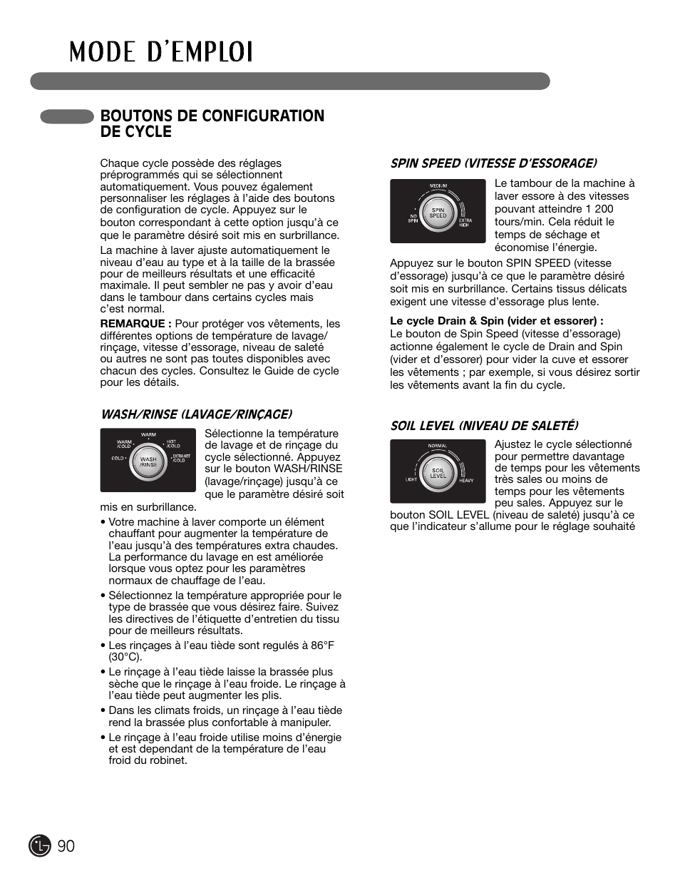 Boutons de configuration de cycle | LG WM2301HR User Manual | Page 90 / 108