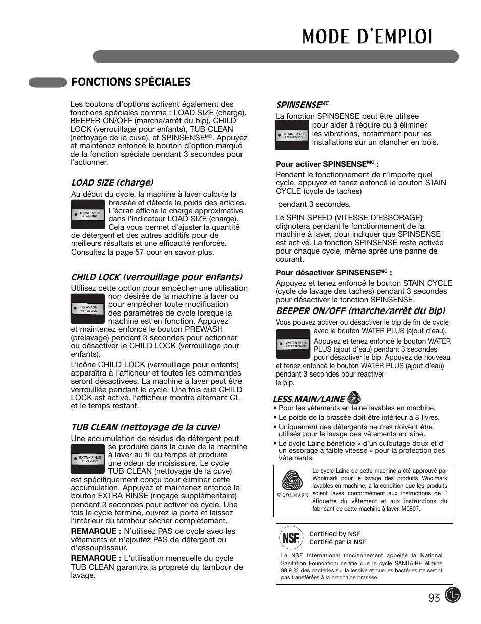 Fonctions spéciales | LG WM2301HR User Manual | Page 93 / 108