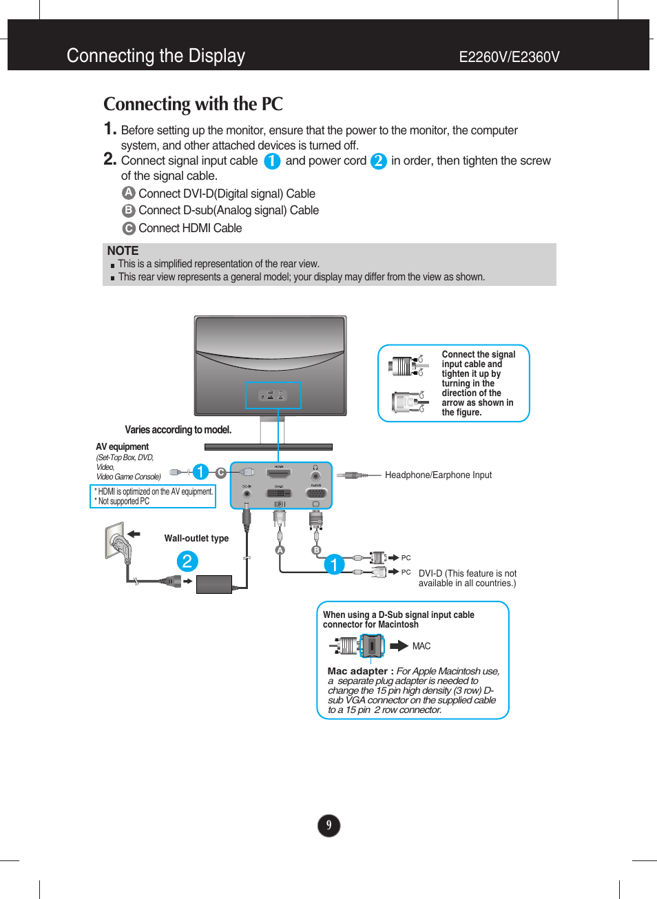 E2260v/e2360v, Connecting the display, Connecting with the pc | LG E2060T-PN User Manual | Page 10 / 48