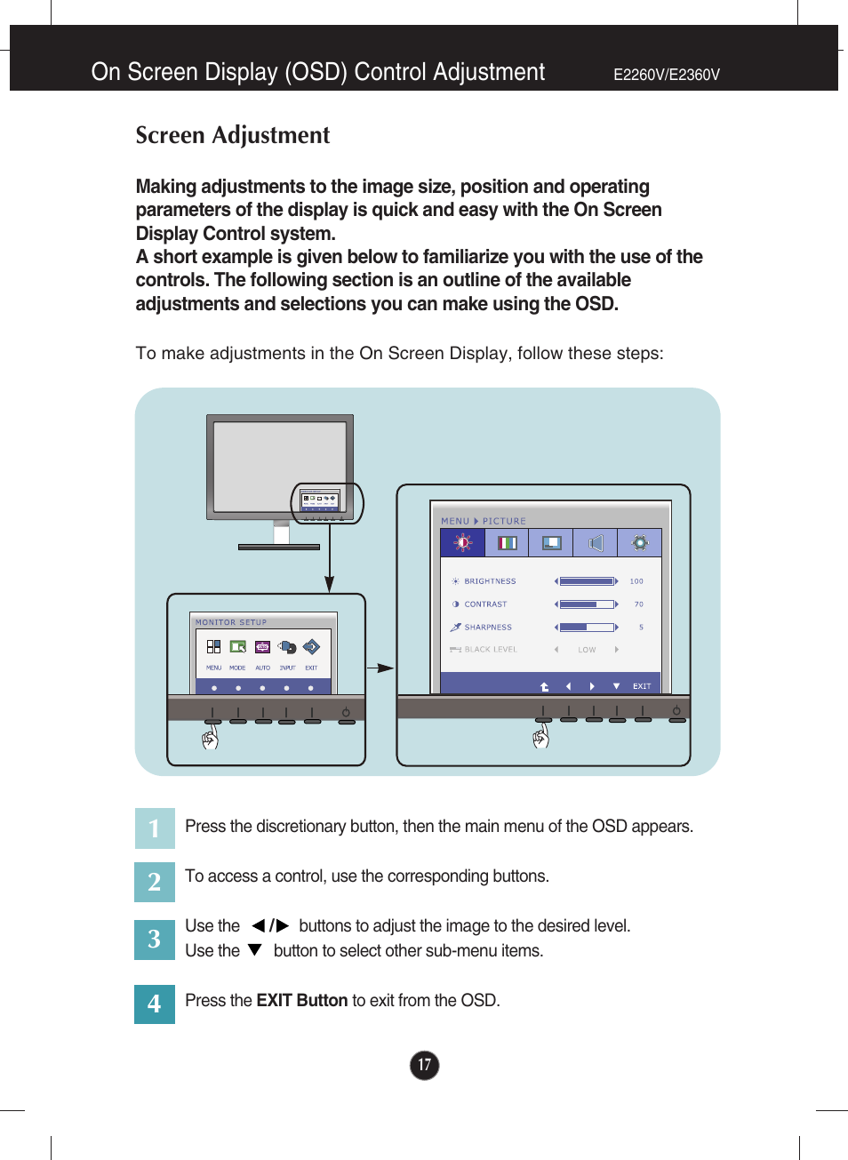 E2260v/e2360v, On screen display (osd) control adjustment, Screen adjustment | LG E2060T-PN User Manual | Page 18 / 48