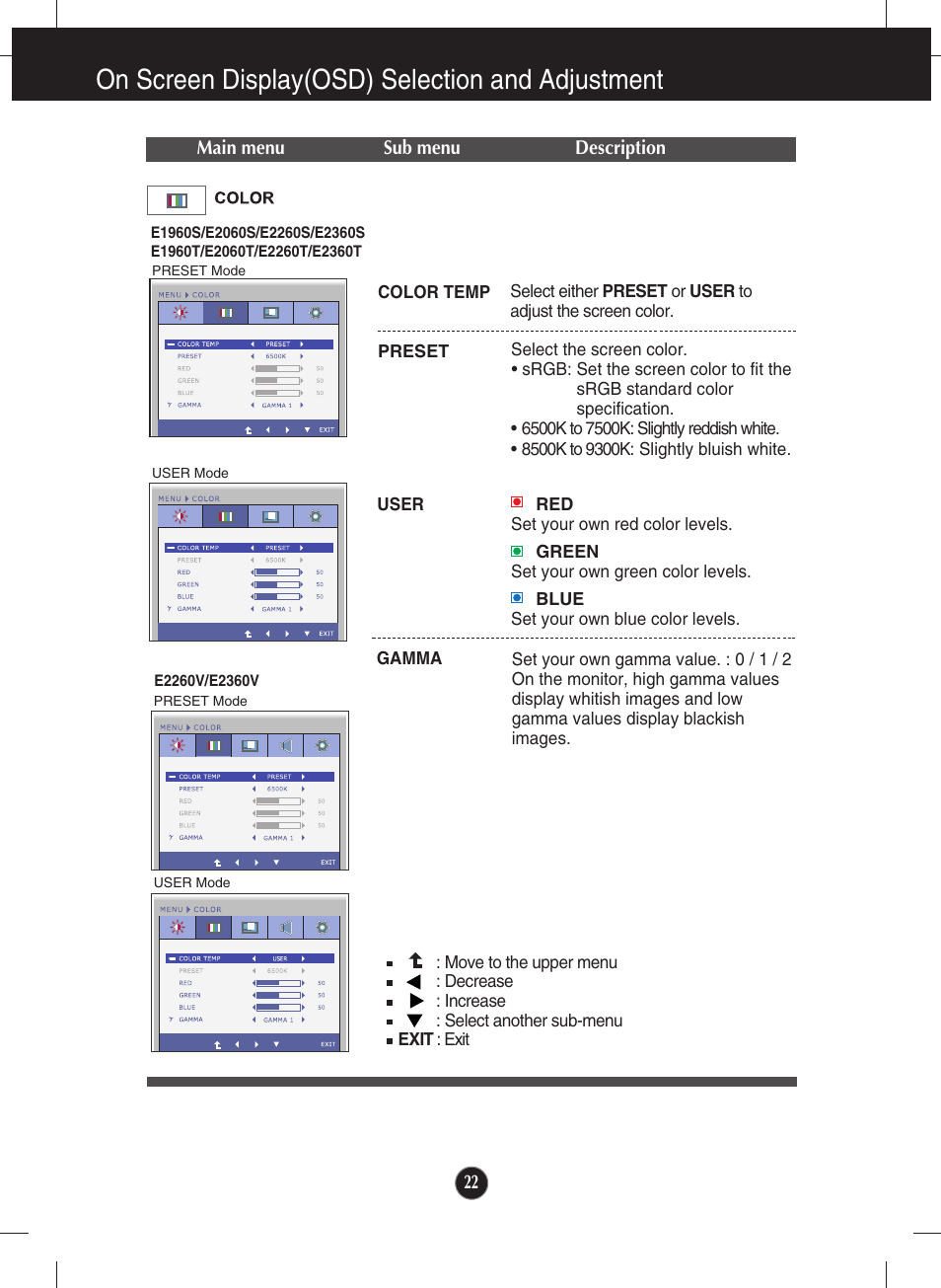 Color, On screen display(osd) selection and adjustment | LG E2060T-PN User Manual | Page 23 / 48