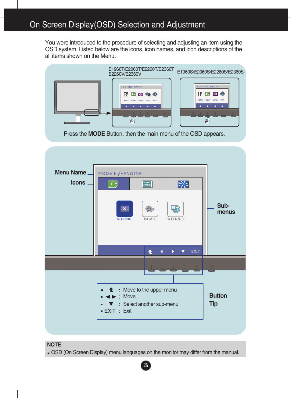 Mode, On screen display(osd) selection and adjustment | LG E2060T-PN User Manual | Page 27 / 48