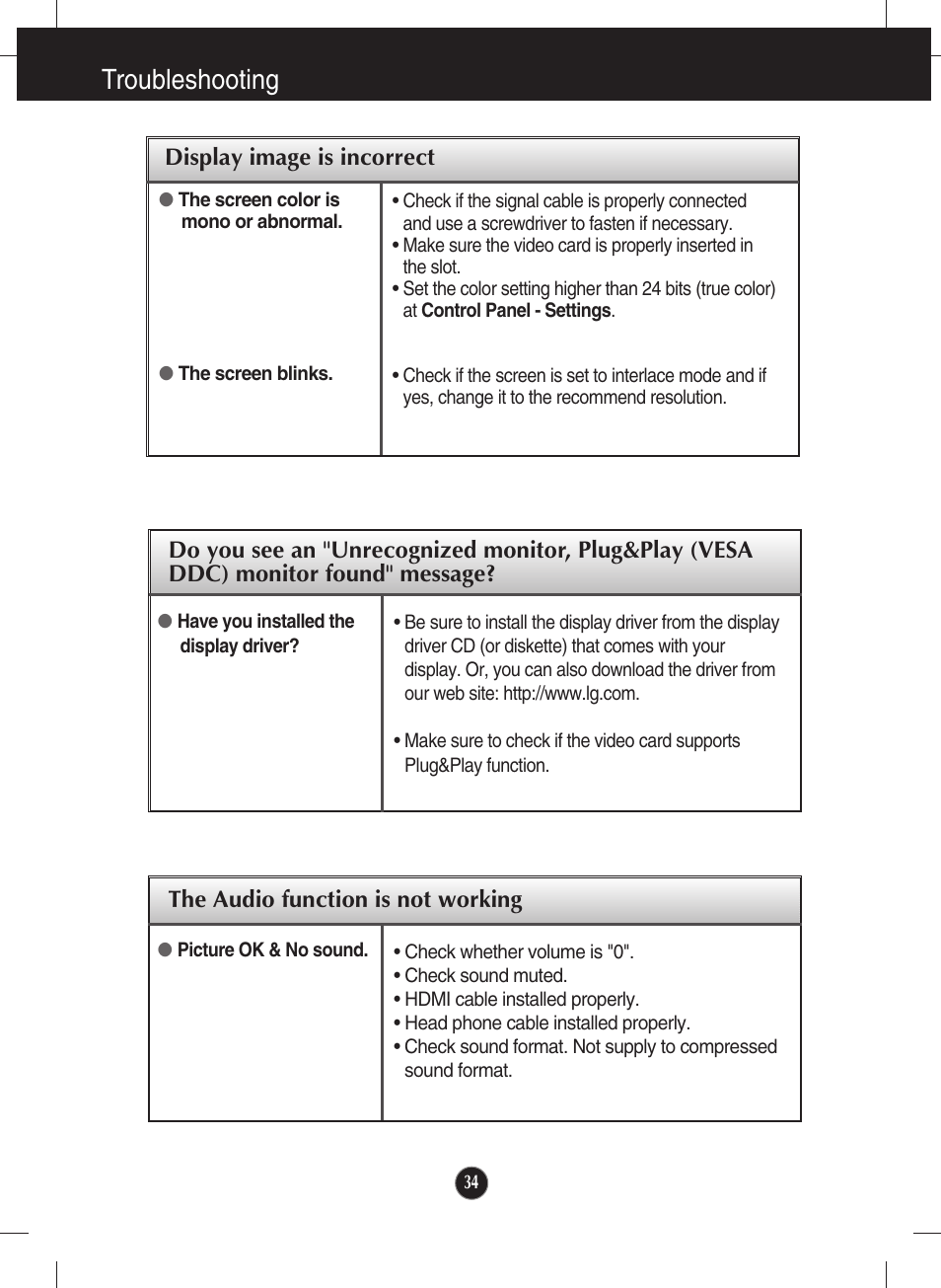 The audio function is not working, Troubleshooting | LG E2060T-PN User Manual | Page 35 / 48