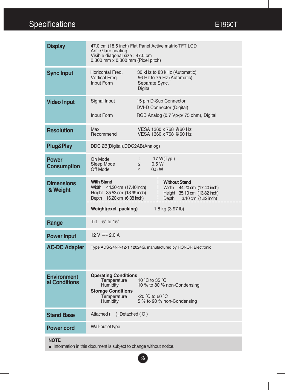 E1960t, Specifications | LG E2060T-PN User Manual | Page 37 / 48