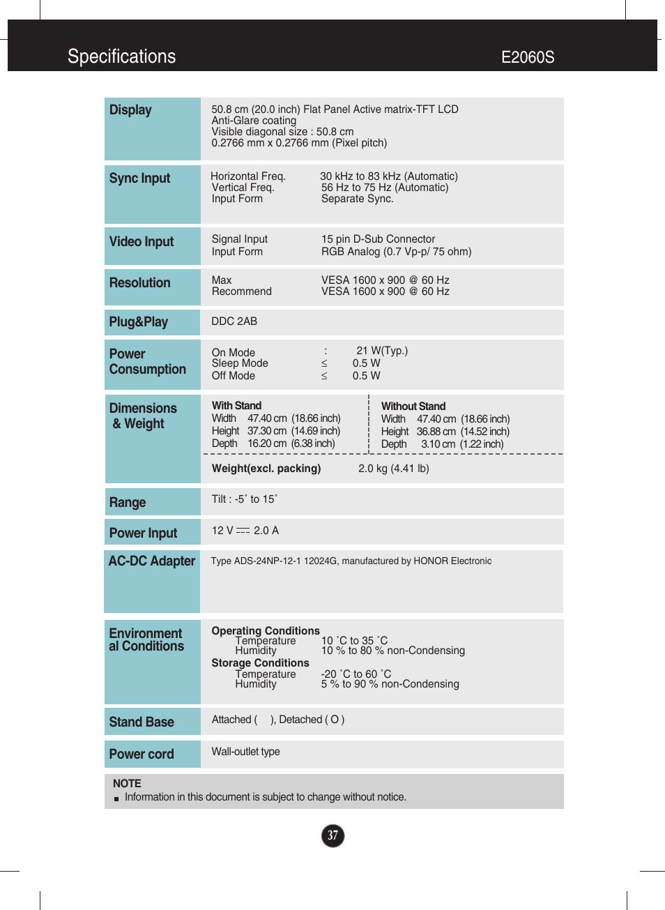 E2060s, Specifications | LG E2060T-PN User Manual | Page 38 / 48