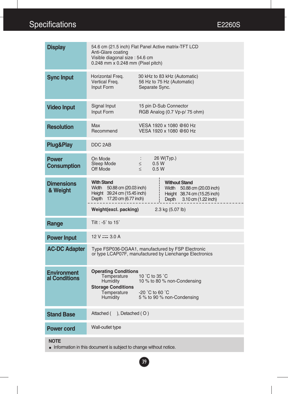 E2260s, Specifications | LG E2060T-PN User Manual | Page 40 / 48