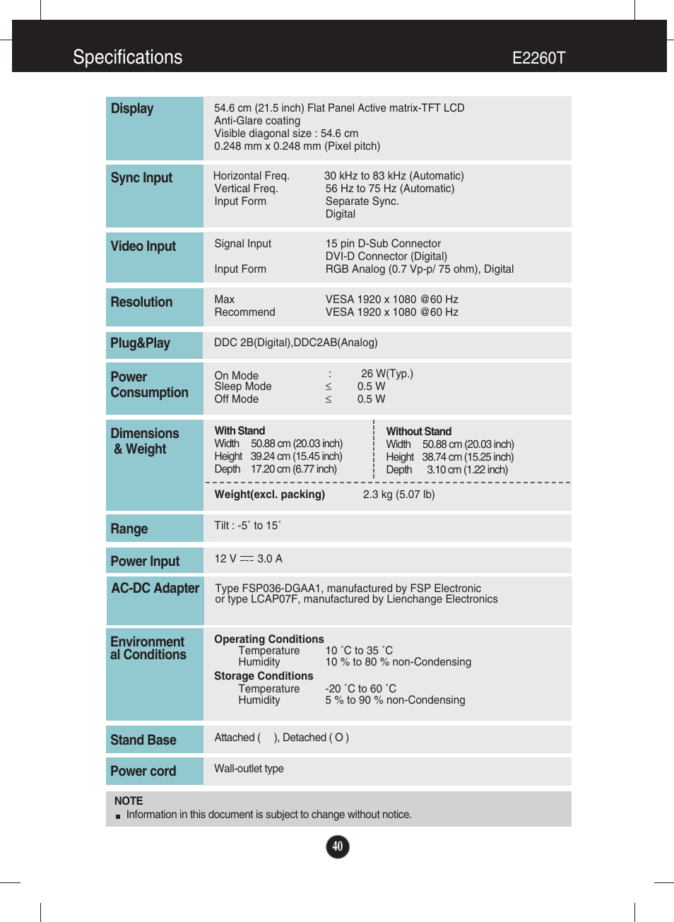 E2260t, Specifications | LG E2060T-PN User Manual | Page 41 / 48