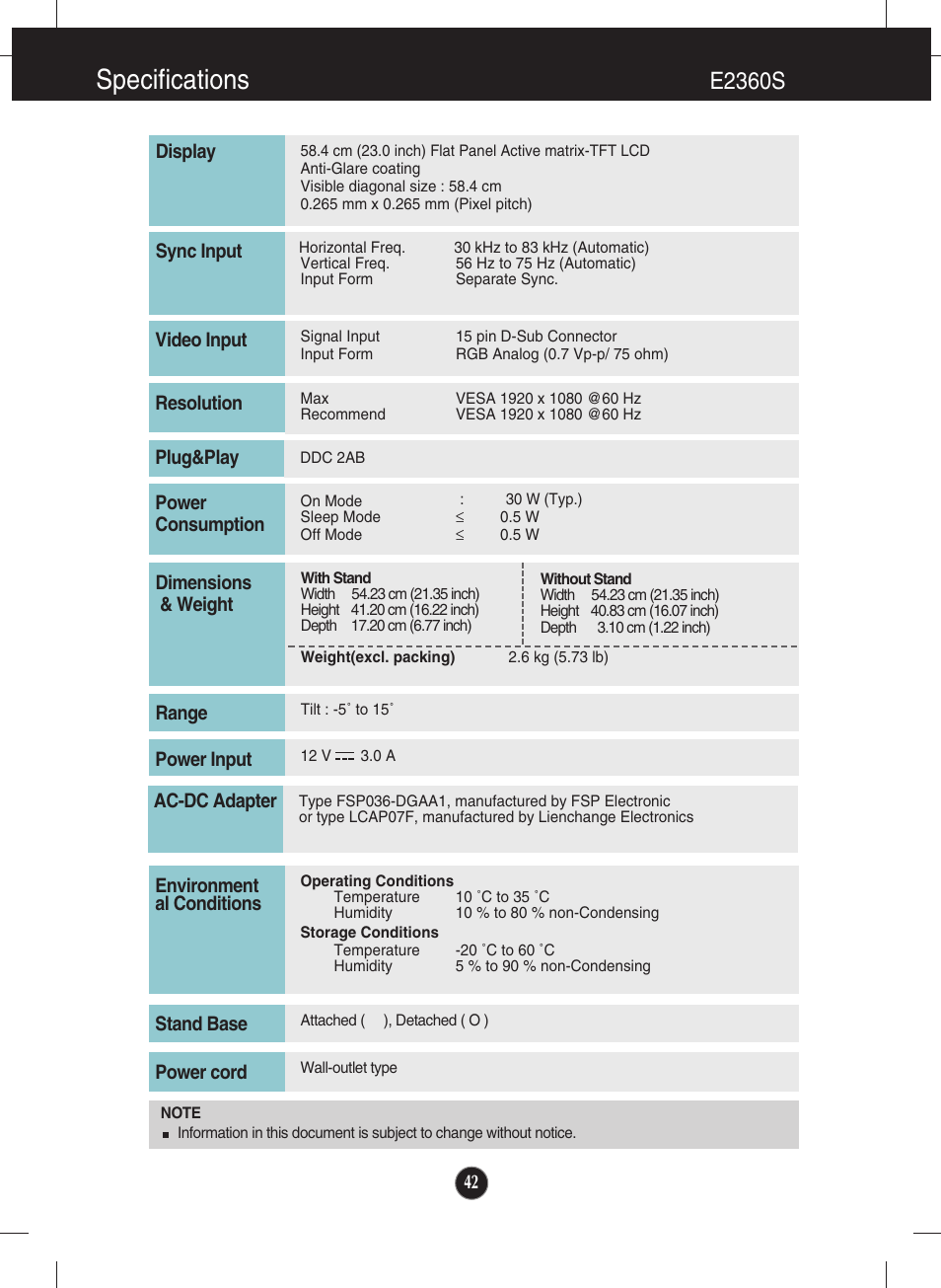 E2360s, Specifications | LG E2060T-PN User Manual | Page 43 / 48