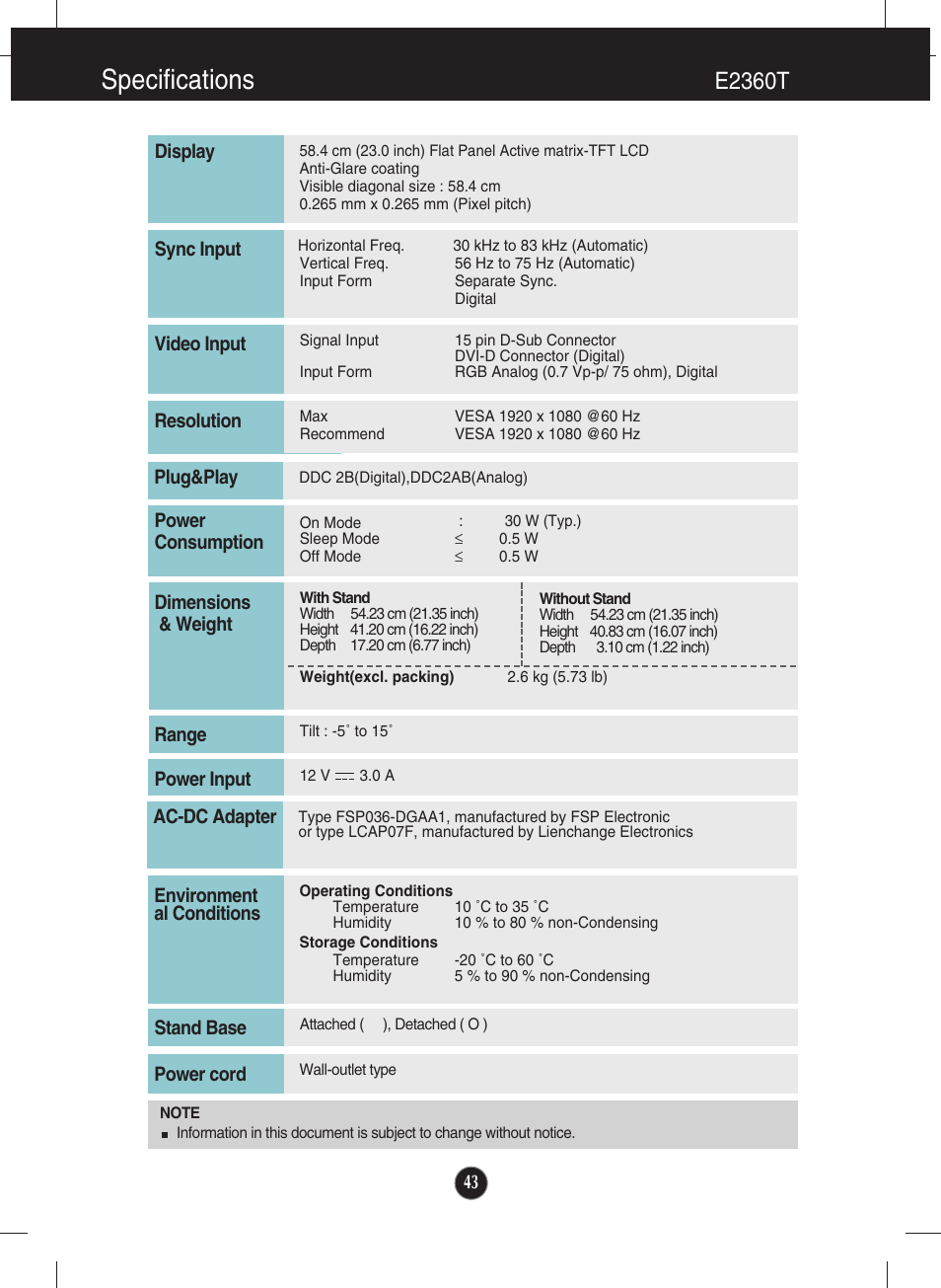 E2360t, Specifications | LG E2060T-PN User Manual | Page 44 / 48