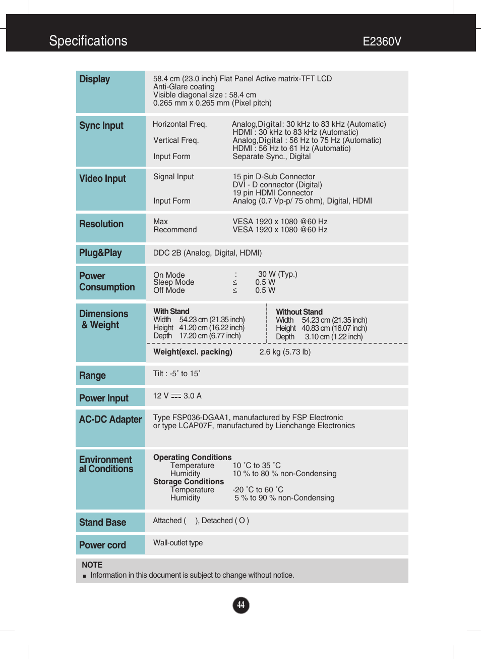 E2360v, Specifications | LG E2060T-PN User Manual | Page 45 / 48