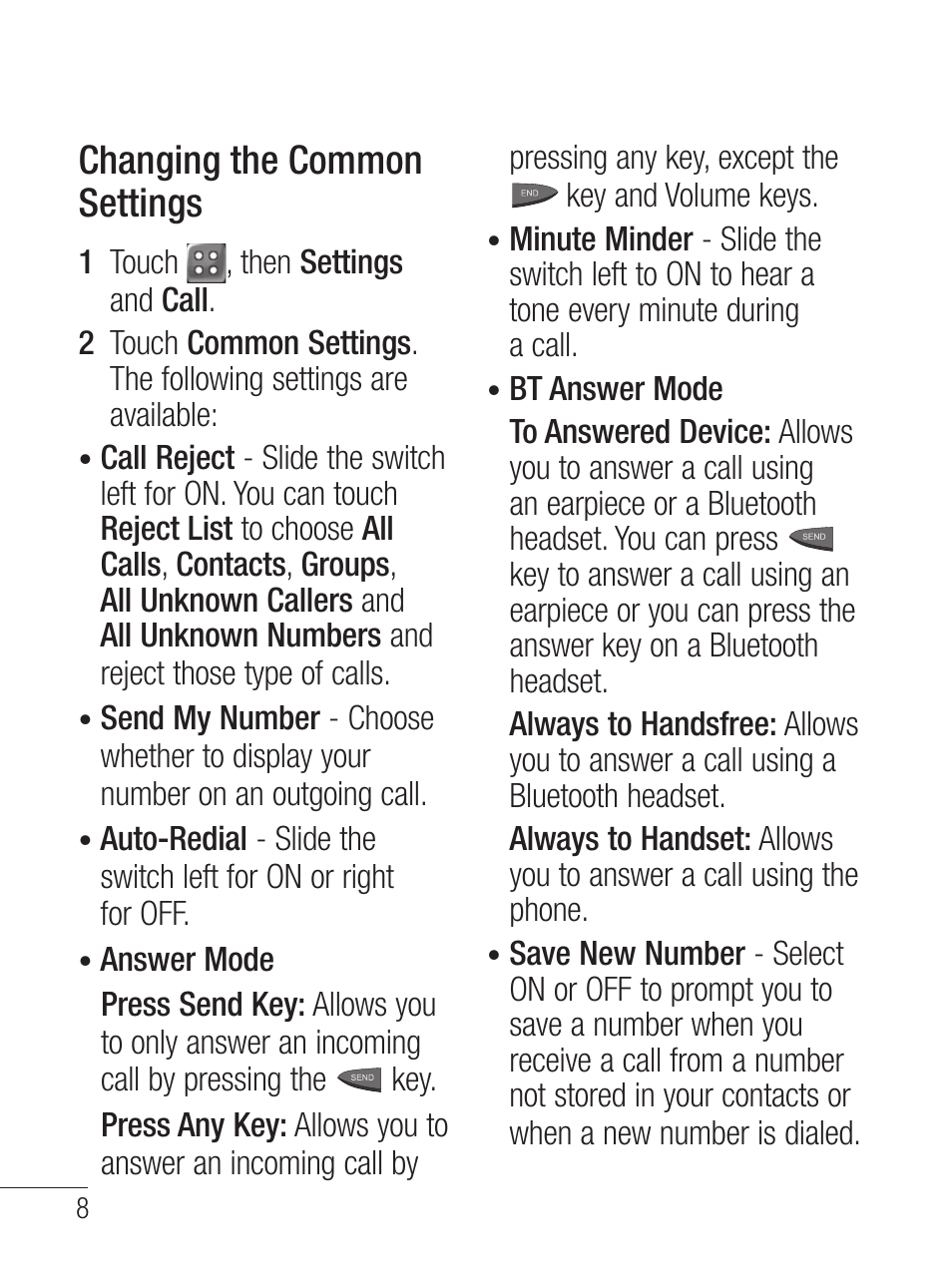 Changing the common settings | LG LG800G User Manual | Page 10 / 118