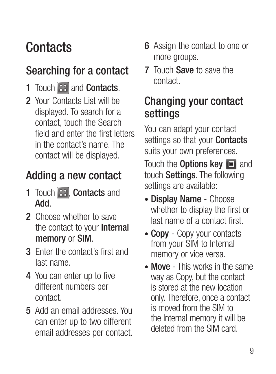 Contacts, Searching for a contact, Adding a new contact | Changing your contact settings | LG LG800G User Manual | Page 11 / 118