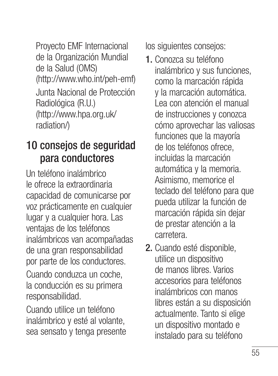 10 consejos de seguridad para conductores | LG LG800G User Manual | Page 110 / 118