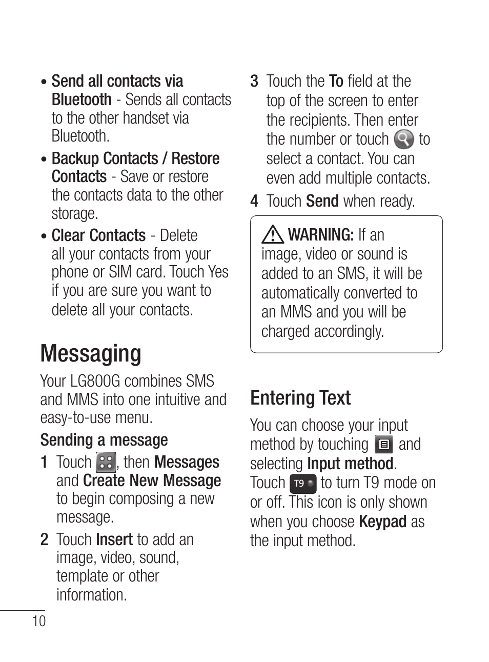 Messaging, Entering text | LG LG800G User Manual | Page 12 / 118