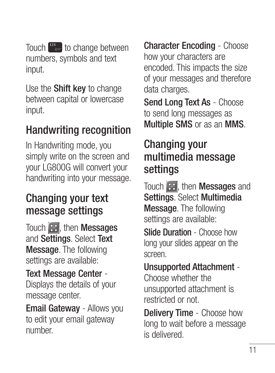 Handwriting recognition, Changing your text message settings, Changing your multimedia message settings | LG LG800G User Manual | Page 13 / 118