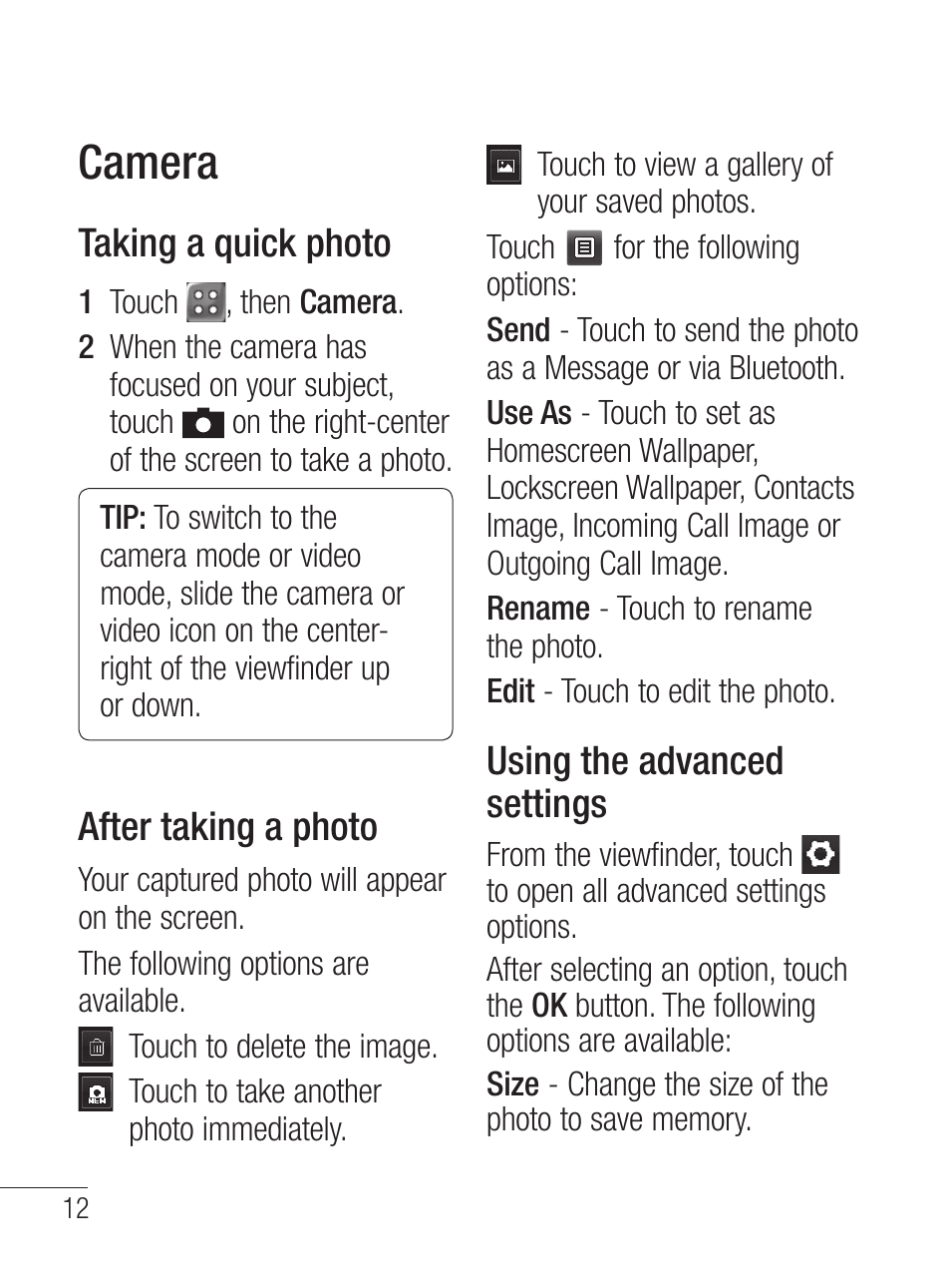 Camera, Taking a quick photo, After taking a photo | Using the advanced settings | LG LG800G User Manual | Page 14 / 118