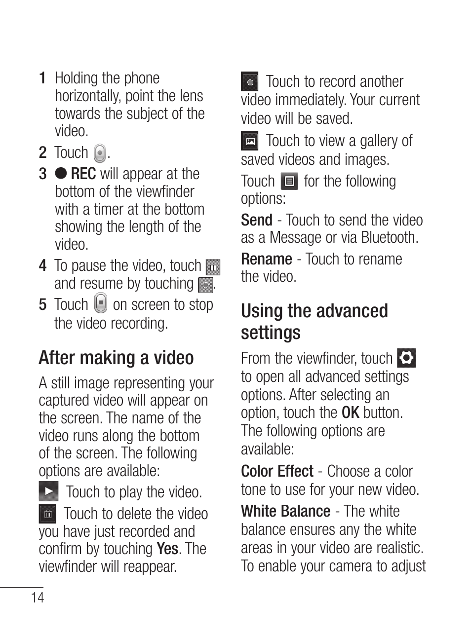 After making a video, Using the advanced settings | LG LG800G User Manual | Page 16 / 118