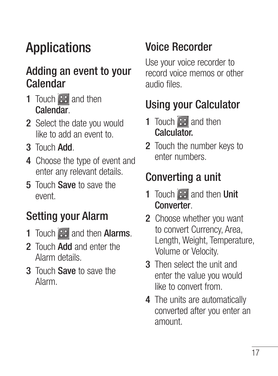 Applications, Adding an event to your calendar, Setting your alarm | Voice recorder, Using your calculator, Converting a unit | LG LG800G User Manual | Page 19 / 118