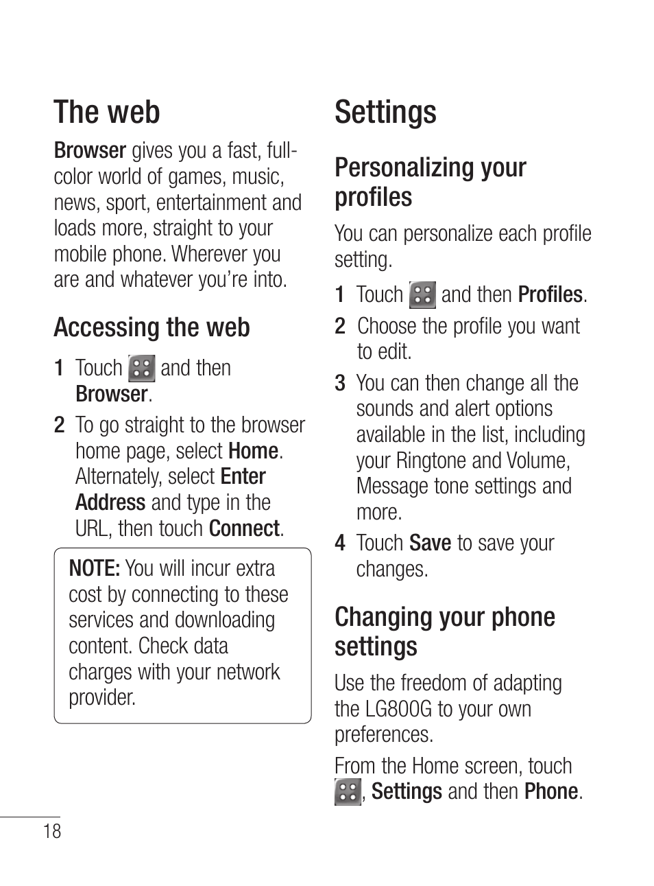 The web, Settings, Accessing the web | Personalizing your profiles, Changing your phone settings | LG LG800G User Manual | Page 20 / 118